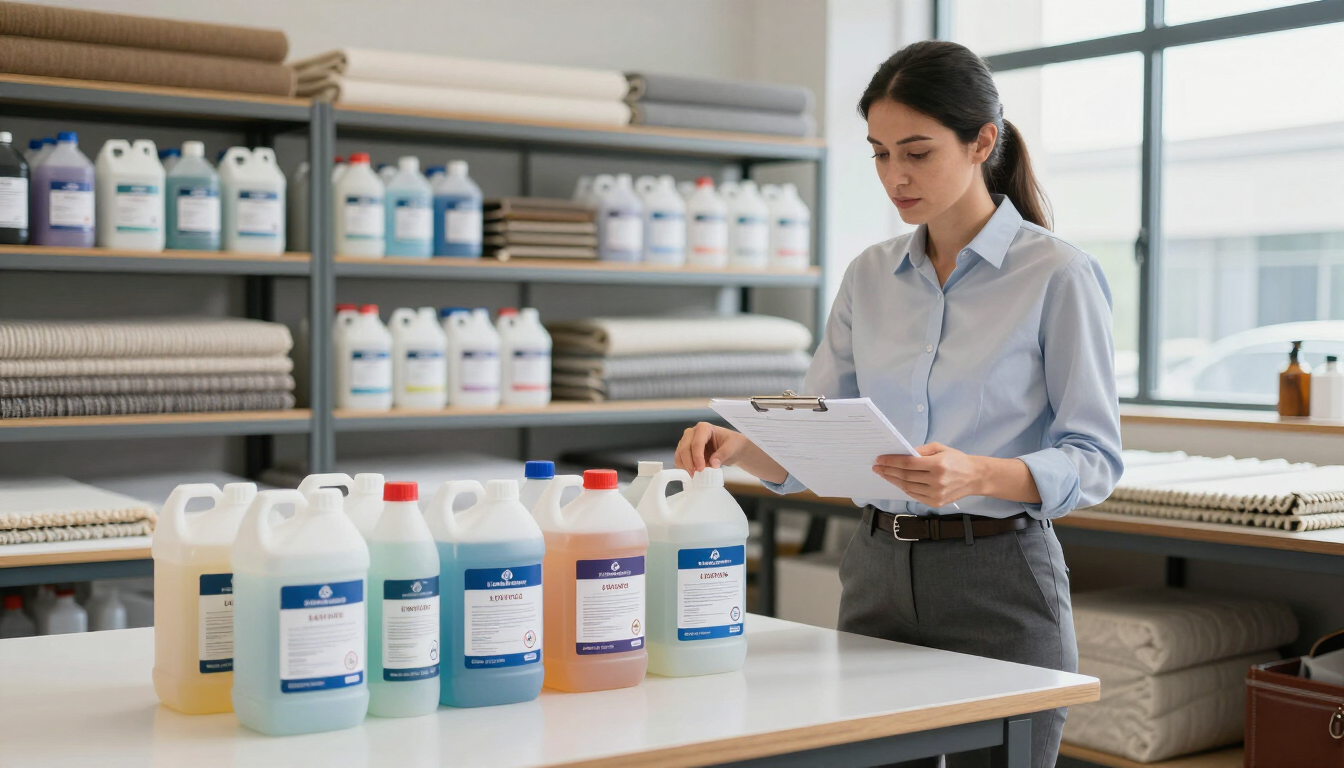 Mujer en un almacén comprobando las etiquetas de unos productos de limpieza y un portapapeles