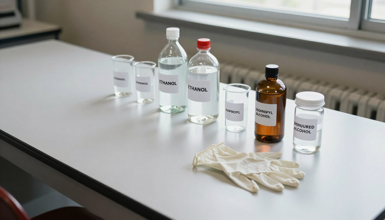 Varias botellas de laboratorio, vasos de precipitados y guantes dispuestos sobre una mesa junto a una ventana.