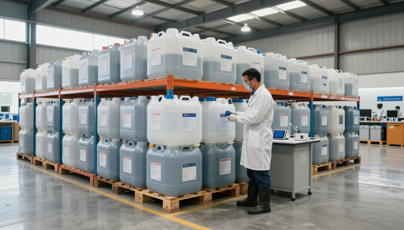 Un trabajador inspecciona contenedores de plástico con productos químicos apilados en un almacén