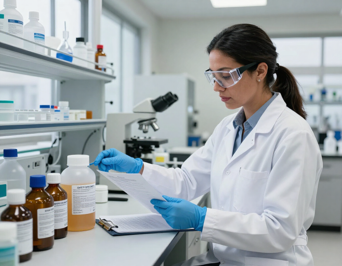 Científico con bata y guantes utilizando un microscopio en un laboratorio luminoso, con frascos de muestras cerca