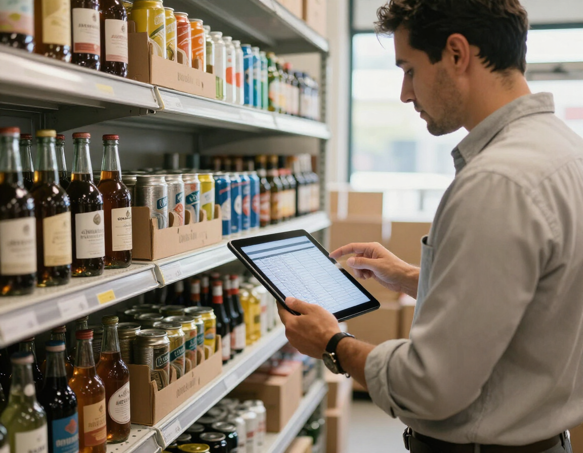 Persona escaneando botellas de vino en una estantería de una tienda con una tableta en un pasillo del supermercado