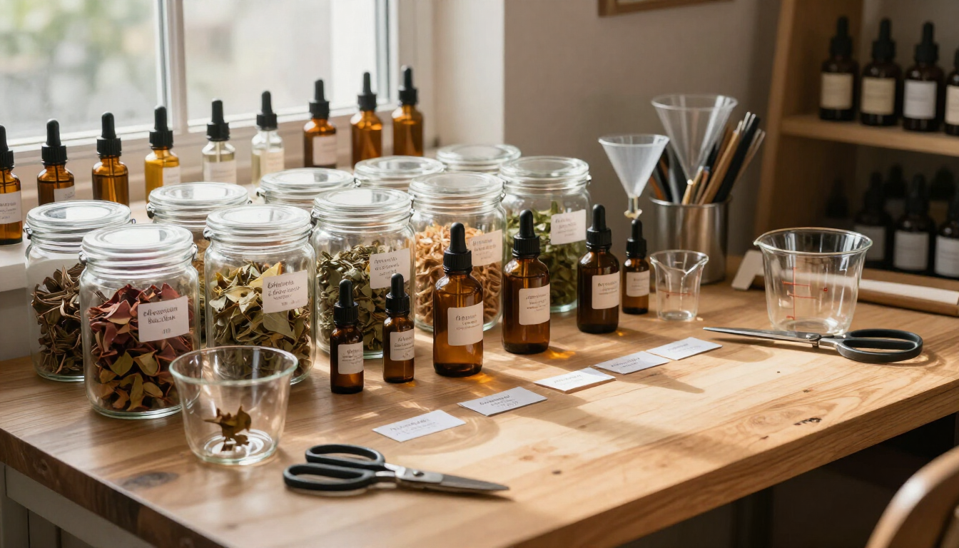Frascos de hierbas y especias, botellas y utensilios de bar sobre una encimera de madera en una cafetería o cocina