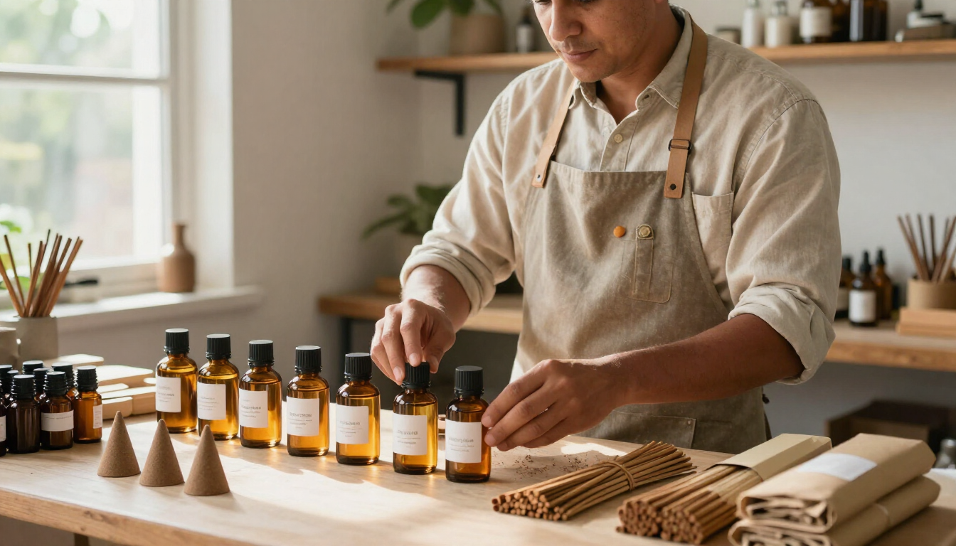 Una persona en un taller coloca frascos ámbar de aceites