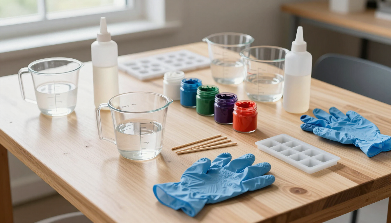Guantes, botes de pintura, tazas y pinceles dispuestos sobre una mesa de madera en una luminosa sala de manualidades