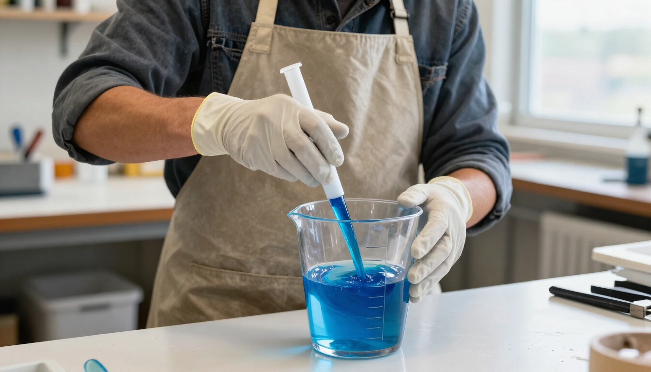 Científico con bata de laboratorio removiendo un líquido azul en un vaso de precipitados con una pipeta en un laboratorio.