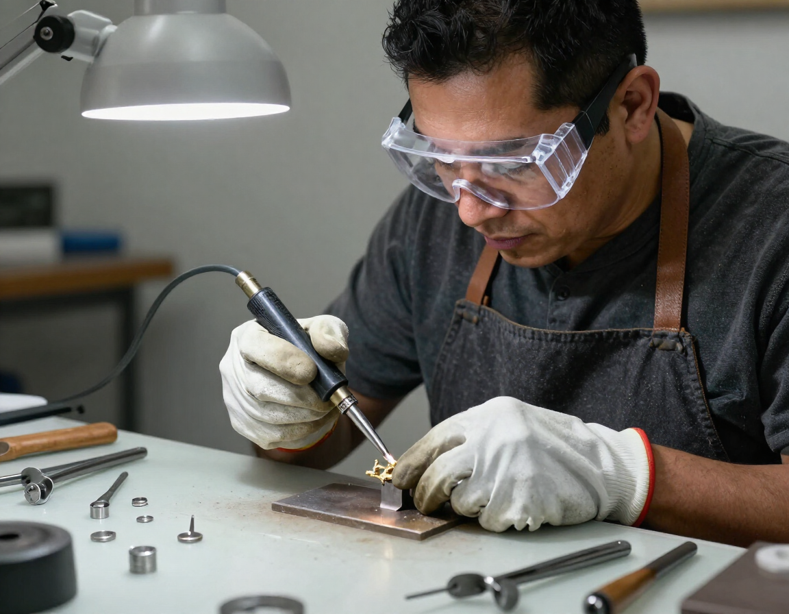Un joyero con gafas de seguridad y guantes soldando metal en un banco de trabajo bajo una lámpara de escritorio