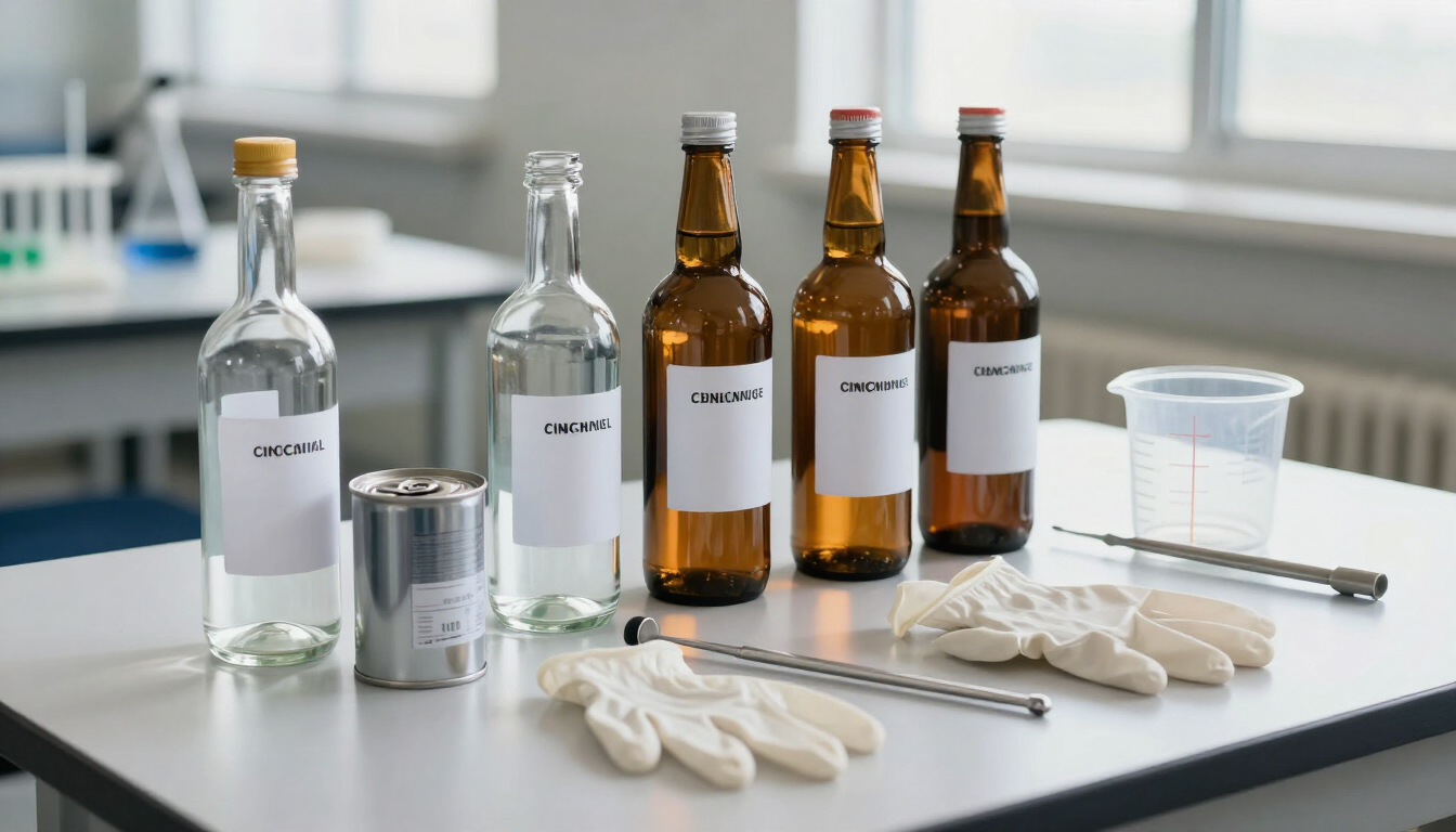 Mesa de laboratorio con frascos ámbar y transparentes, latas metálicas, cucharas y guantes blancos