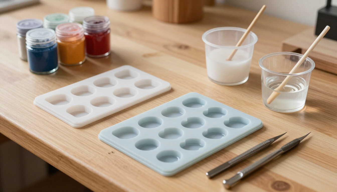 Bandejas de moldes de silicona, pinturas y pinceles sobre una mesa de madera para manualidades.