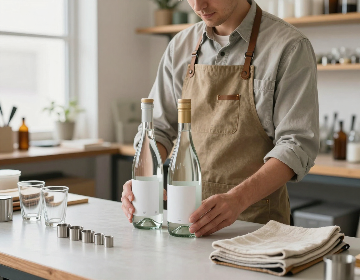 Una persona colocando botellas de vino y copas en la encimera de una cocina de una casa moderna y luminosa