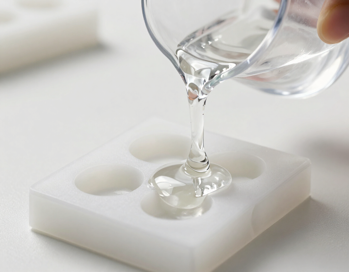 Líquido transparente vertiéndose de un vaso en un molde de silicona blanco sobre una mesa