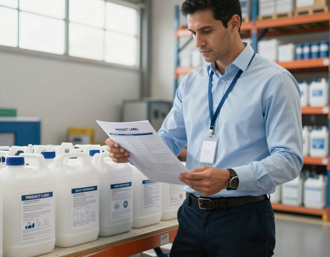 Un trabajador revisa unos documentos junto a varias filas de contenedores blancos de productos químicos en un almacén