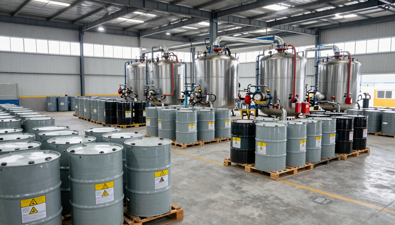 Nave industrial con filas de grandes tanques metálicos, bidones y tuberías en una amplia planta de fábrica