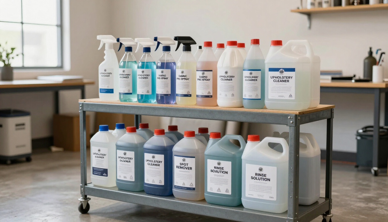 Productos de limpieza almacenados en un carrito con ruedas en un laboratorio o una oficina