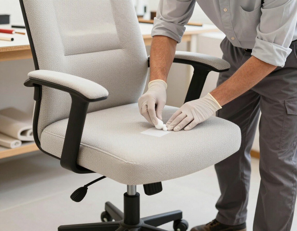 Una persona limpia una silla de oficina gris claro con guantes en un espacio de trabajo bien iluminado