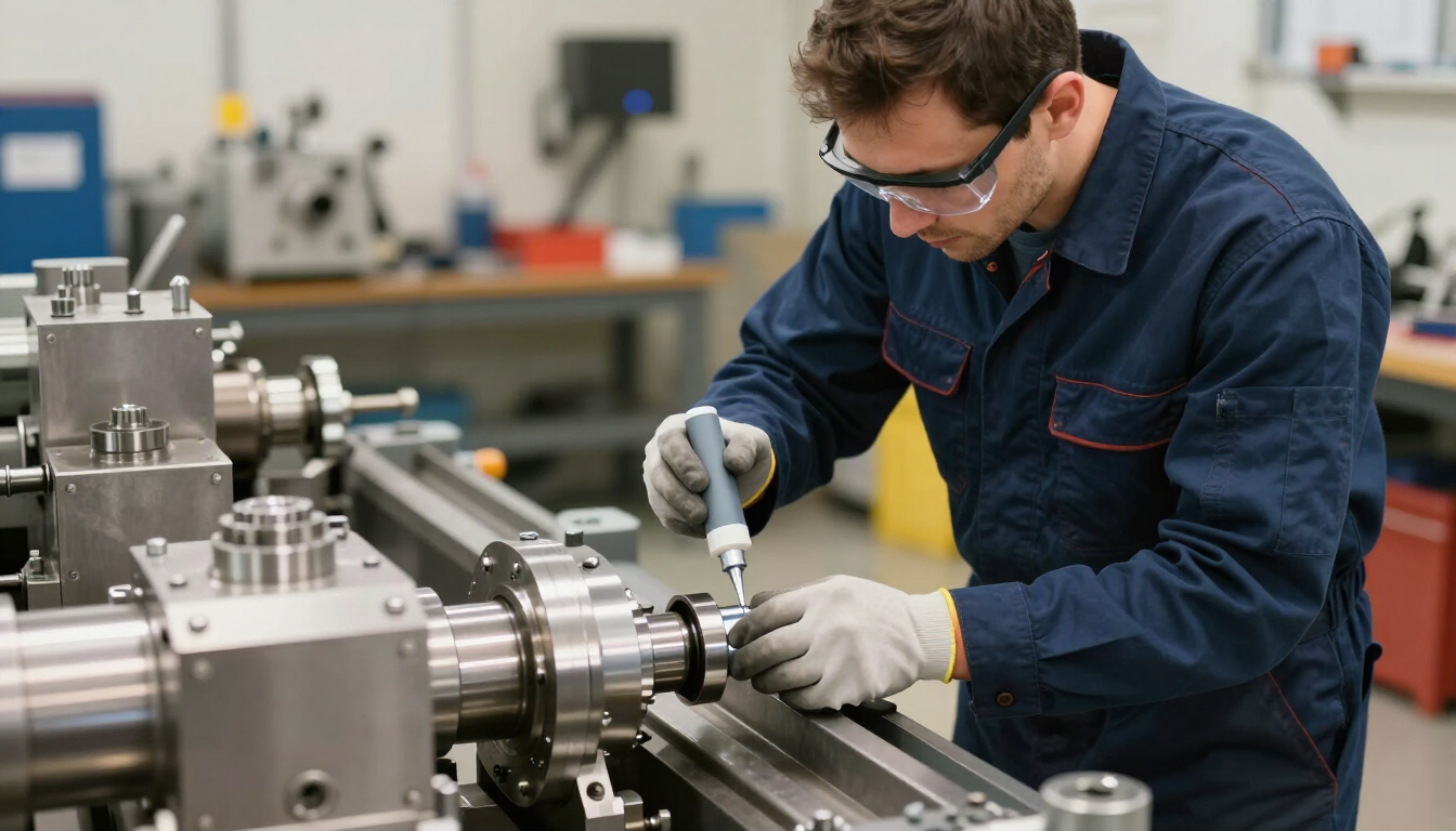 Un técnico con guantes y gafas de seguridad ajusta maquinaria en un laboratorio de taller