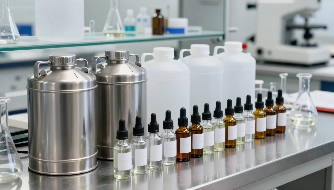 Encimera de laboratorio con frascos cuentagotas de vidrio y botes metálicos en un entorno limpio de laboratorio