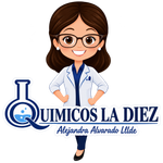 Logotipo de Quimicos La Diez con un científico sonriente con bata de laboratorio y detalles en azul