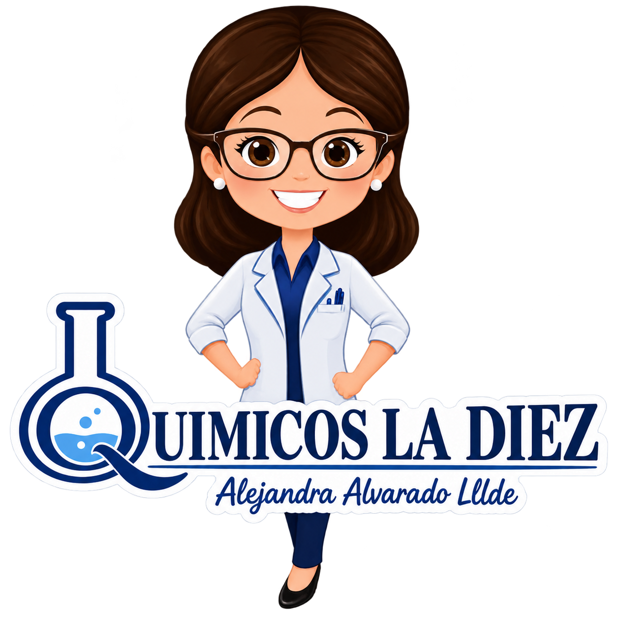 Logotipo de Quimicos La Diez con un científico sonriente con bata de laboratorio y detalles en azul