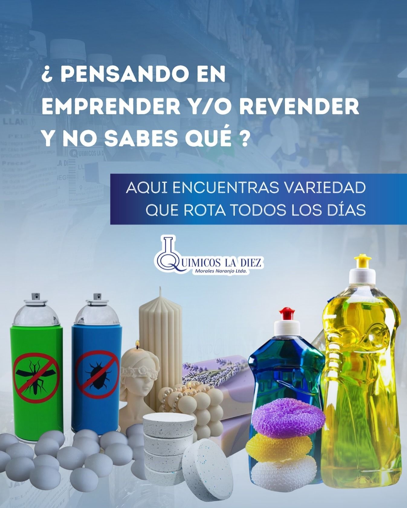 Açaí, productos de limpieza y reciclables con texto promocional sobre emprendimiento y reventa