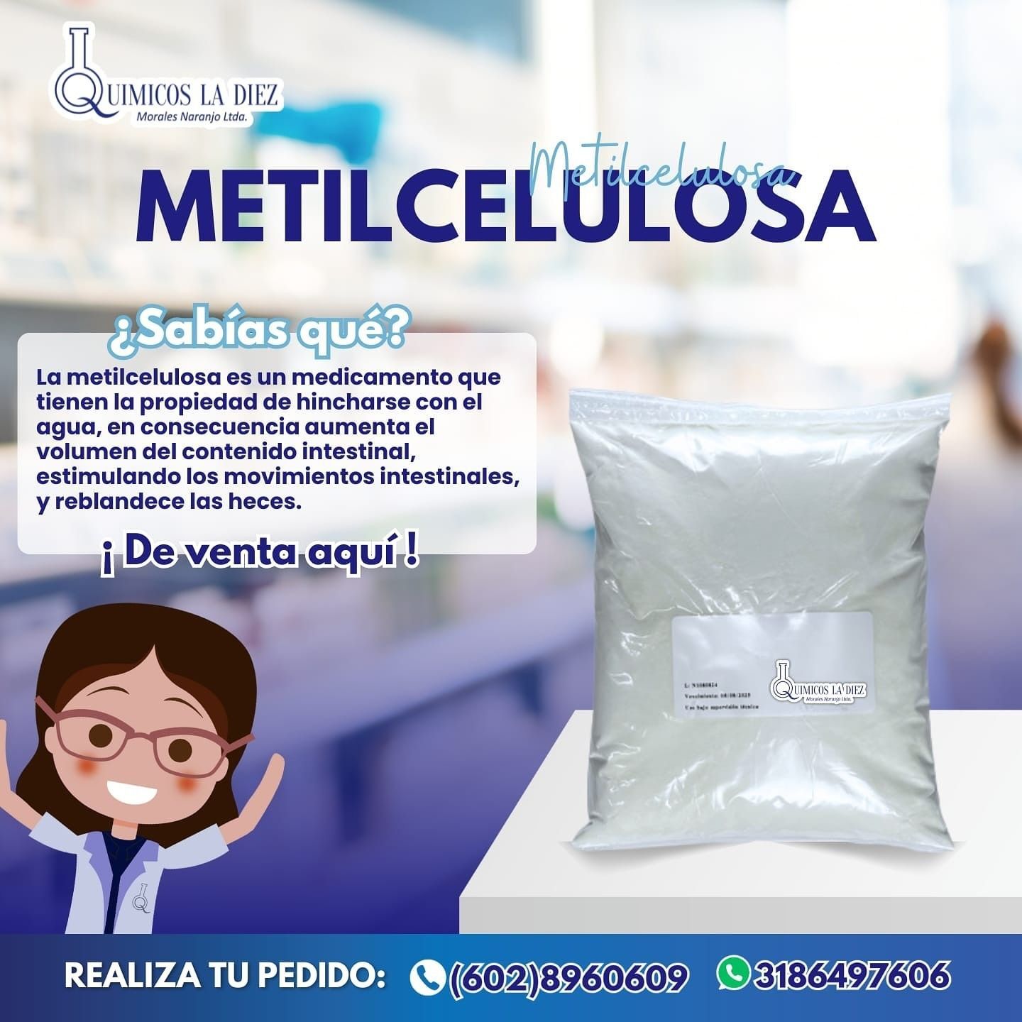 Anuncio de metilcelulosa con una bolsa blanca, fondo azul y texto promocional de venta.