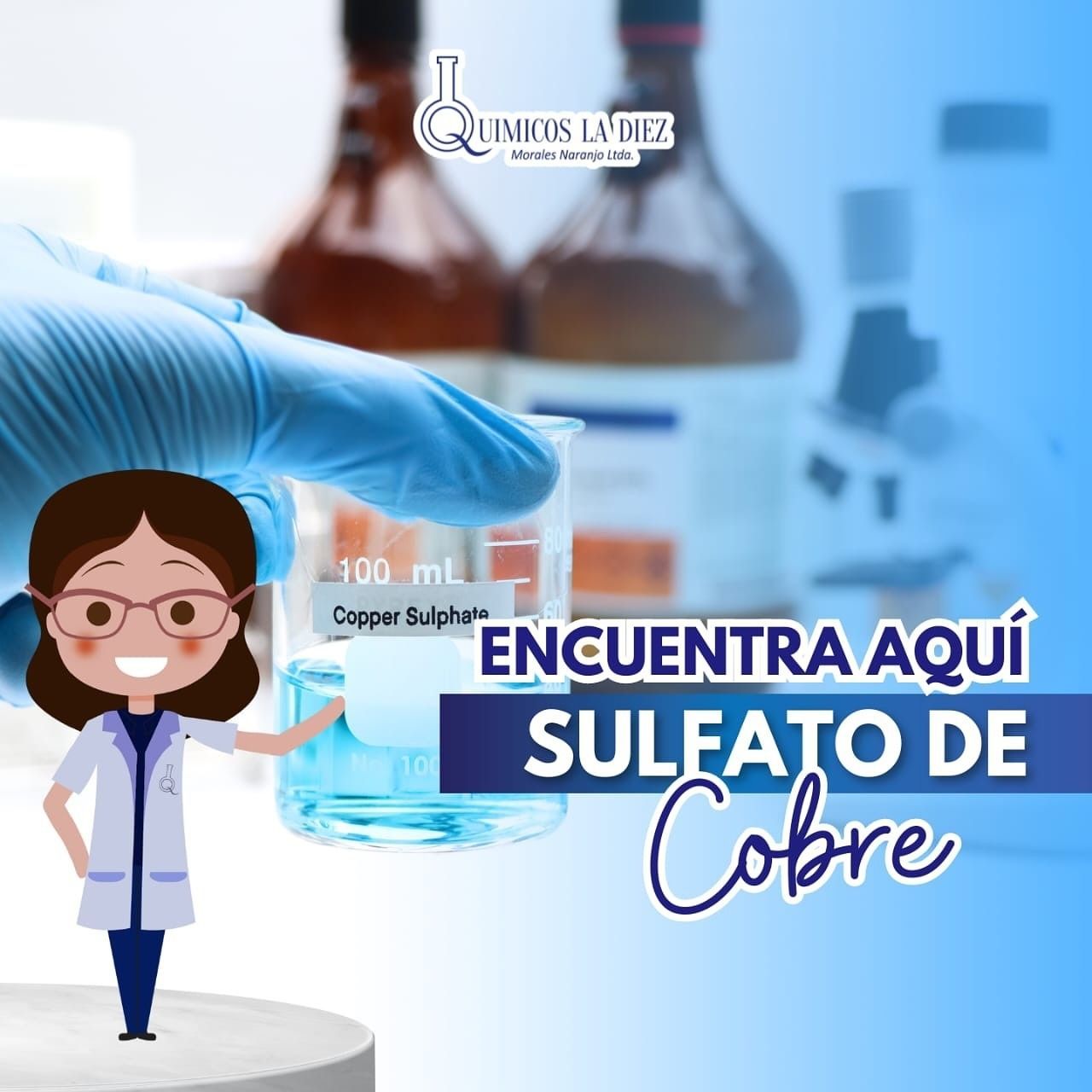 Botella de laboratorio y vaso con líquido azul, con el texto «Encuentra aquí sulfato de cobre» y una ilustración científica.