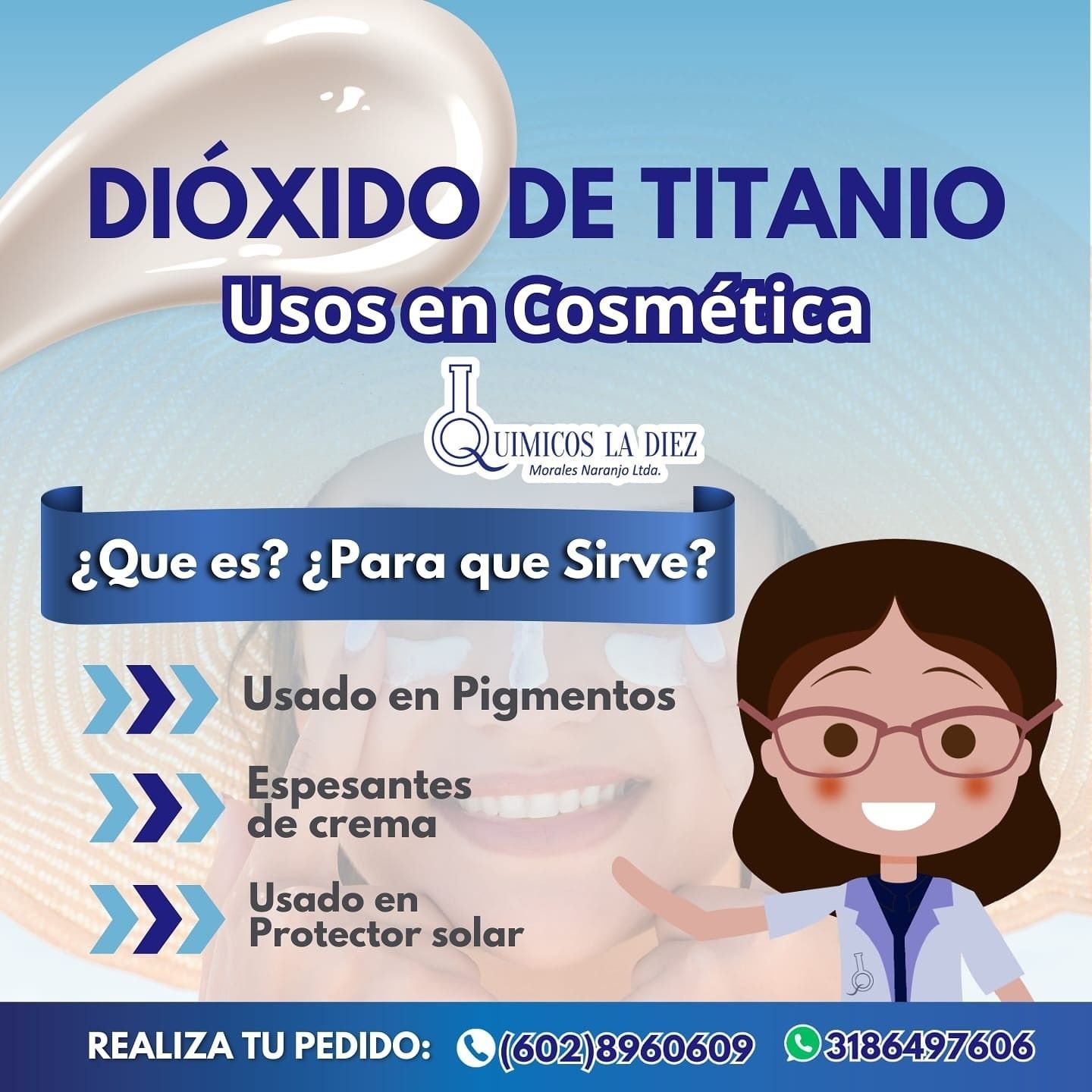 Infografía azul sobre dióxido de titanio en cosmética, con usos en pigmentos, cremas y protectores solares.