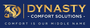 Dynasty Comfort Solutions logo with a golden dragon, on blue background. The tagline is 