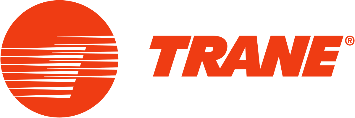 Trane logo: Orange circle with stylized design, right of orange word