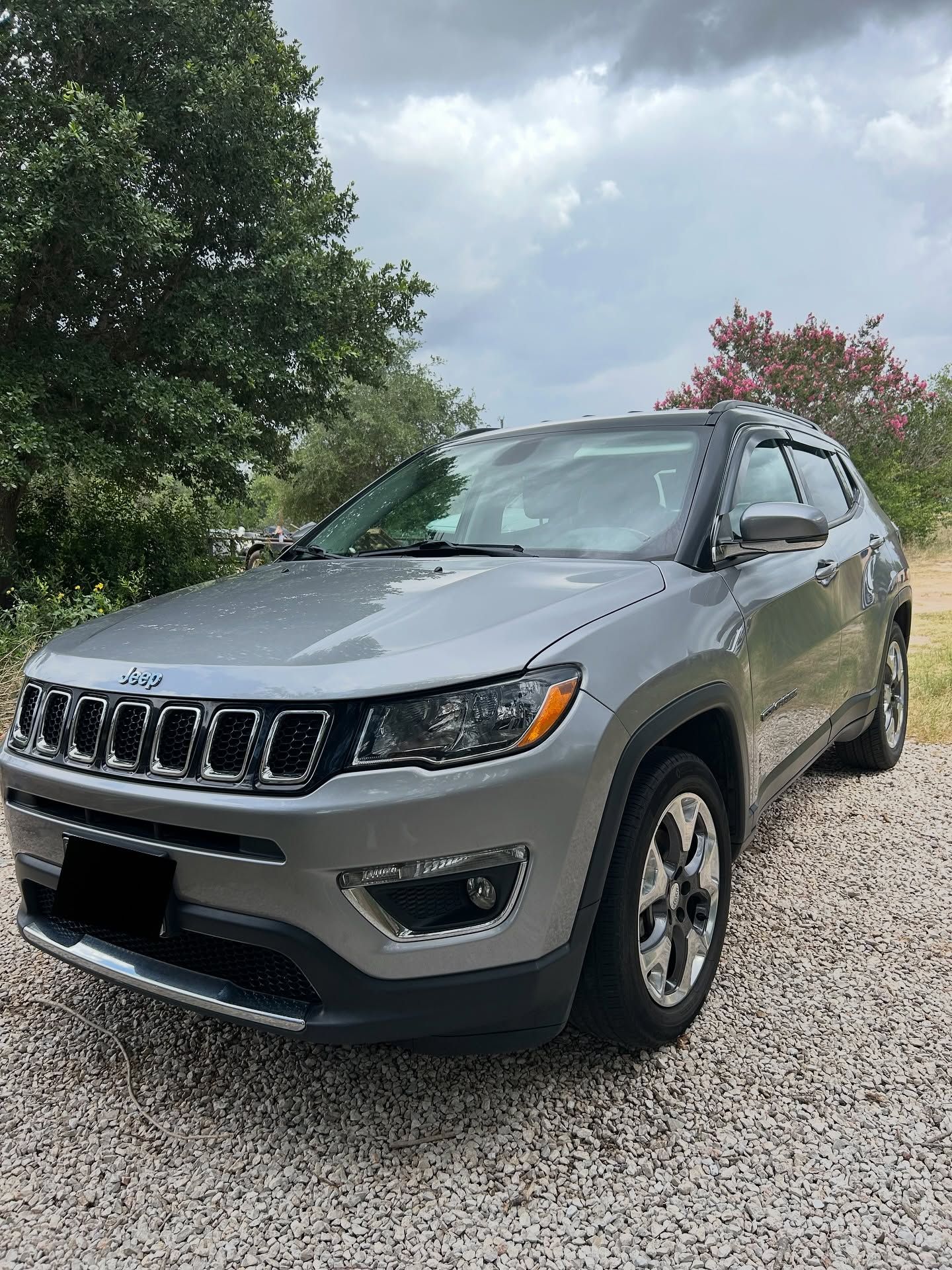 Silver SUV parked on a gravel driveway beside trees under a cloudy sky