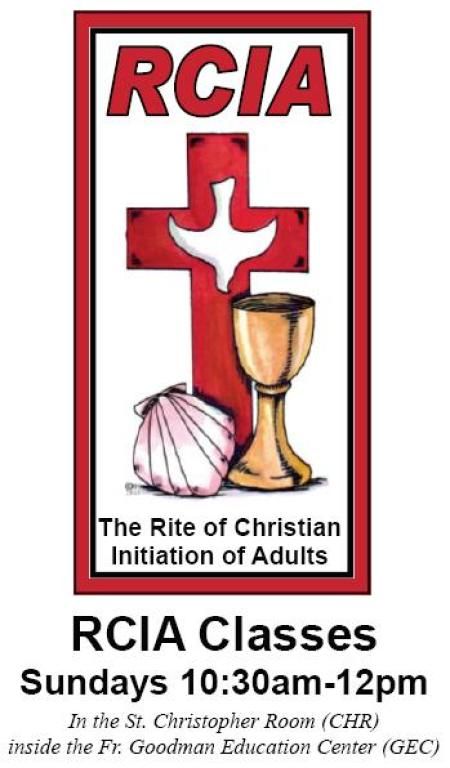 RCIA class flyer with red cross, shell, chalice, and bold text: Sundays 10:30am-12pm