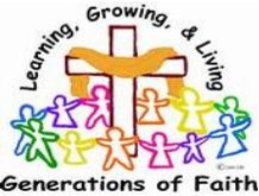 Colorful people holding hands around a cross with a ribbon, text: “Learning, Growing, & Living Generations of Faith”