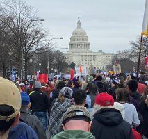 Crowd of protesters marching toward the U.S. Capitol under a cloudy sky