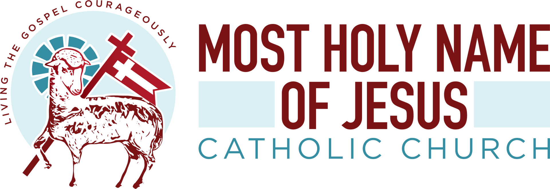 Logo for Most Holy Name of Jesus Catholic Church with a lamb carrying a cross and red-blue text