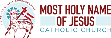 Logo for Most Holy Name of Jesus Catholic Church with a lamb carrying a cross and red-blue text