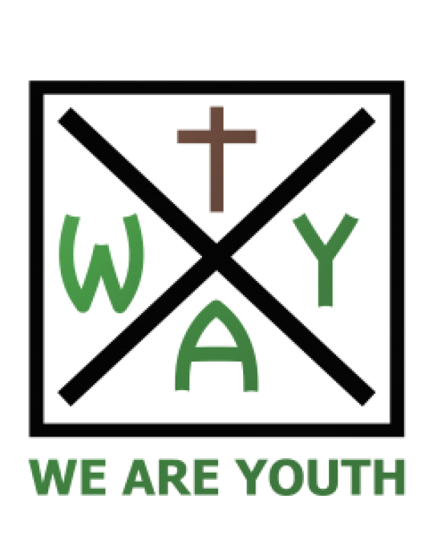 Logo reading “WE ARE YOUTH” with a black X, green letters W A Y, and a brown cross at the top.