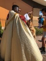 Person in a gold cape receives an award outdoors while others watch nearby.