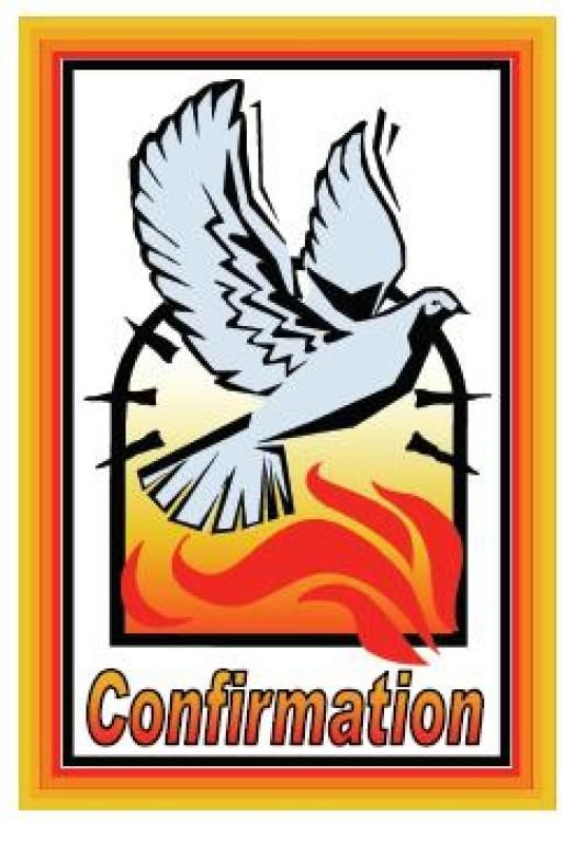 White dove above red flames with the word “Confirmation” in a bordered religious graphic