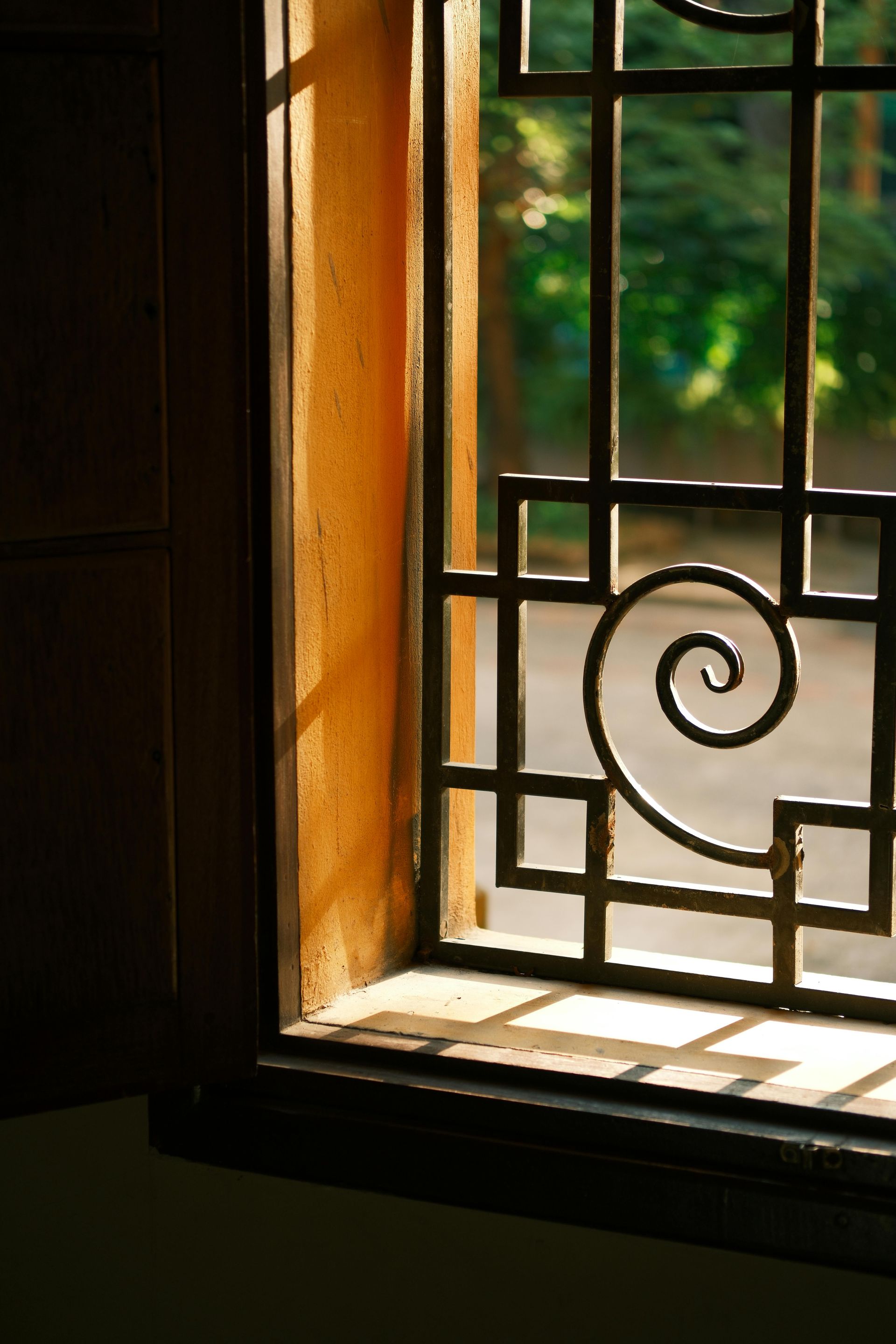 Sunlit window with ornate black metal grille and a view of green foliage outside
