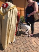Person in black holding a small dog beside a gold-robed statue on a brick patio.