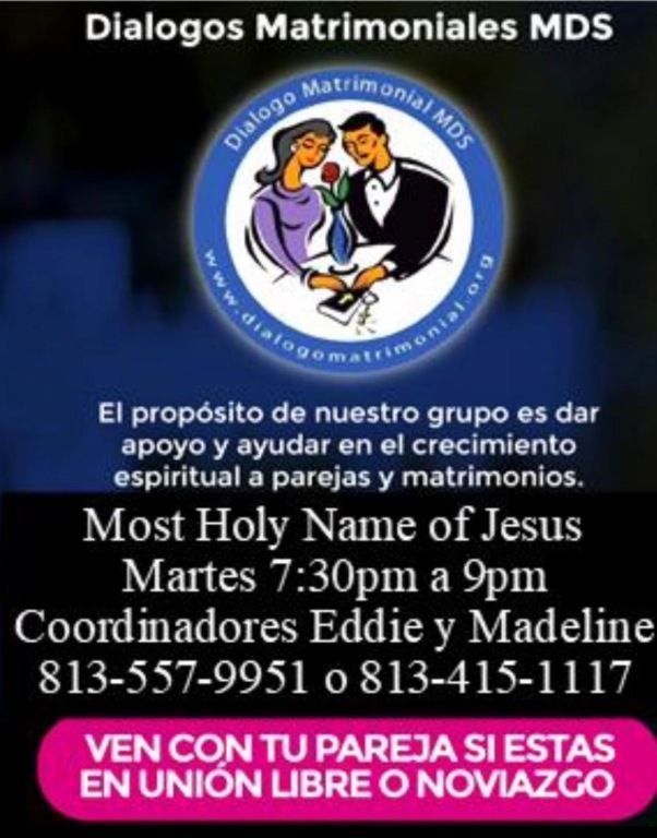 Spanish event flyer for “Diálogos Matrimoniales MDS” with church logo, service times, and contact phone numbers.