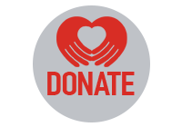 Red heart with hands above the word “DONATE” on a gray circle background