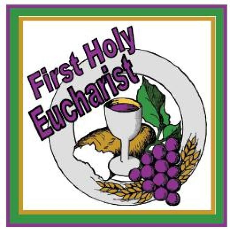First Holy Eucharist banner with chalice, grapes, bread, wheat, and purple text