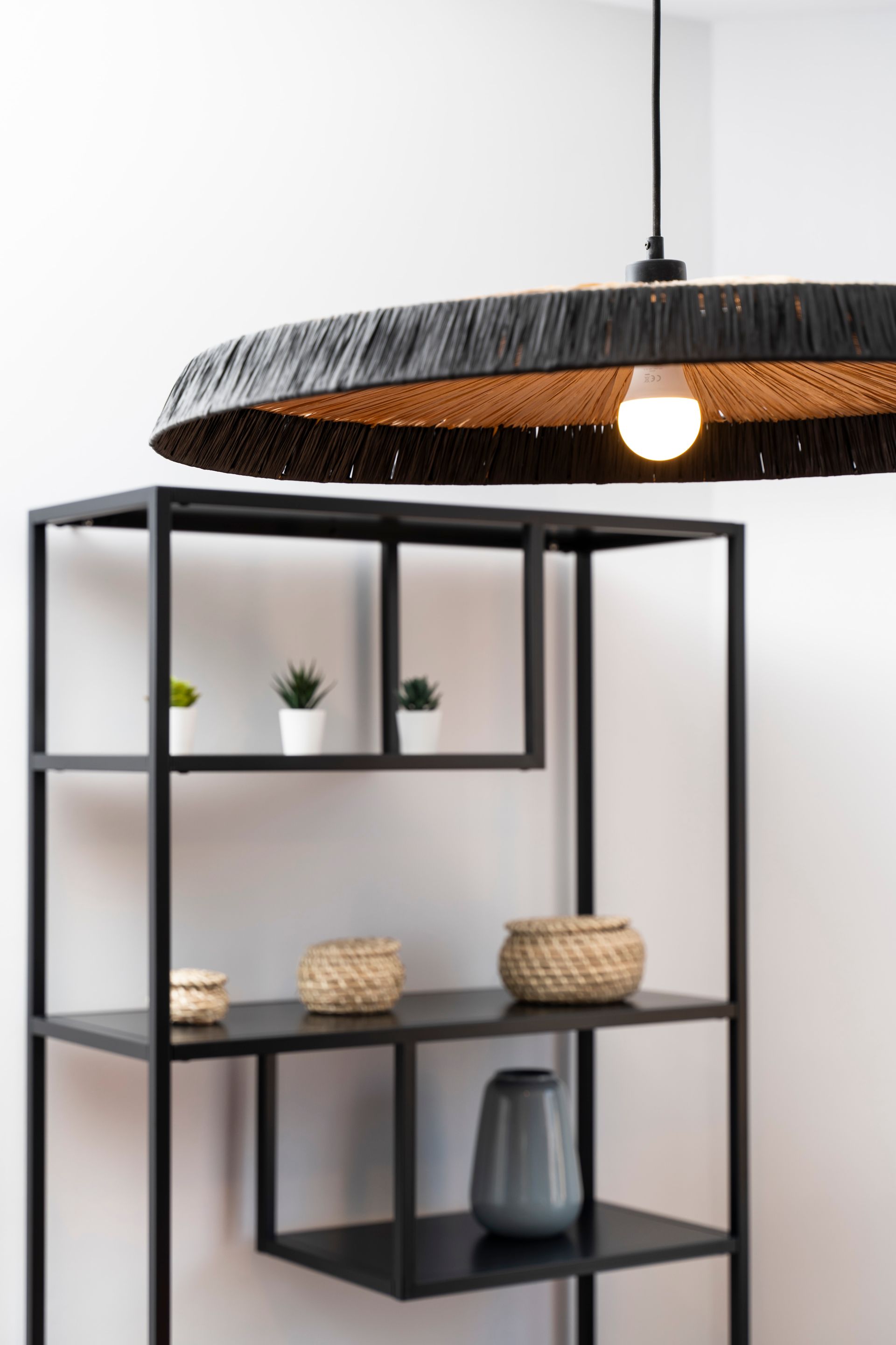 A shelf with potted plants and a lamp hanging from the ceiling