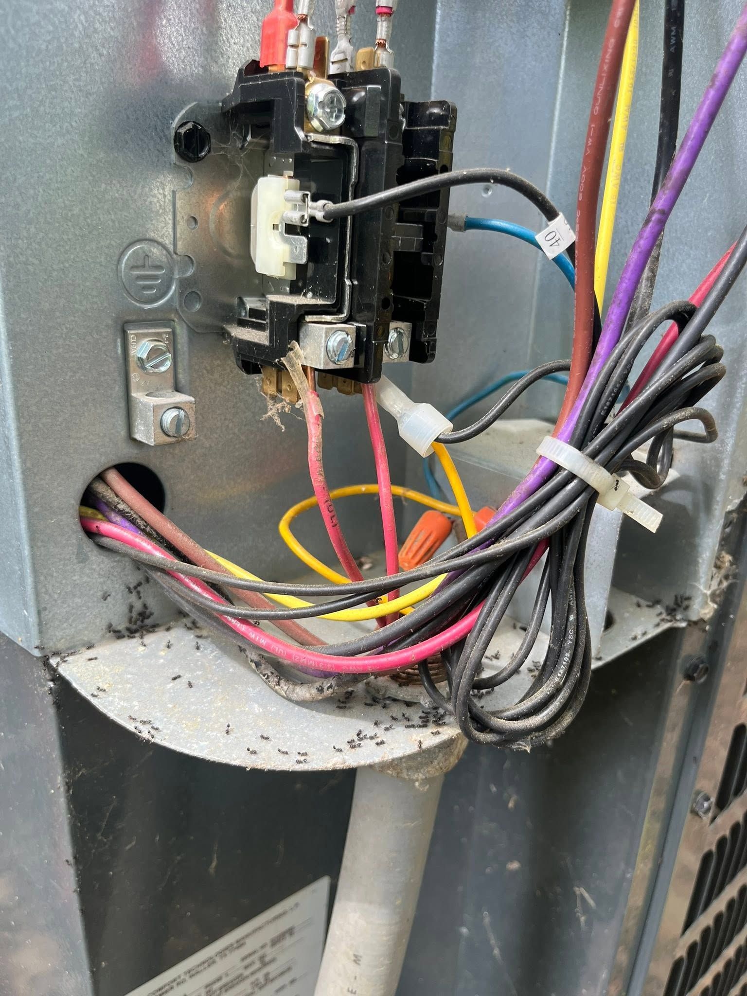 Open electrical control panel with wiring, relays, and colored cables inside a metal box