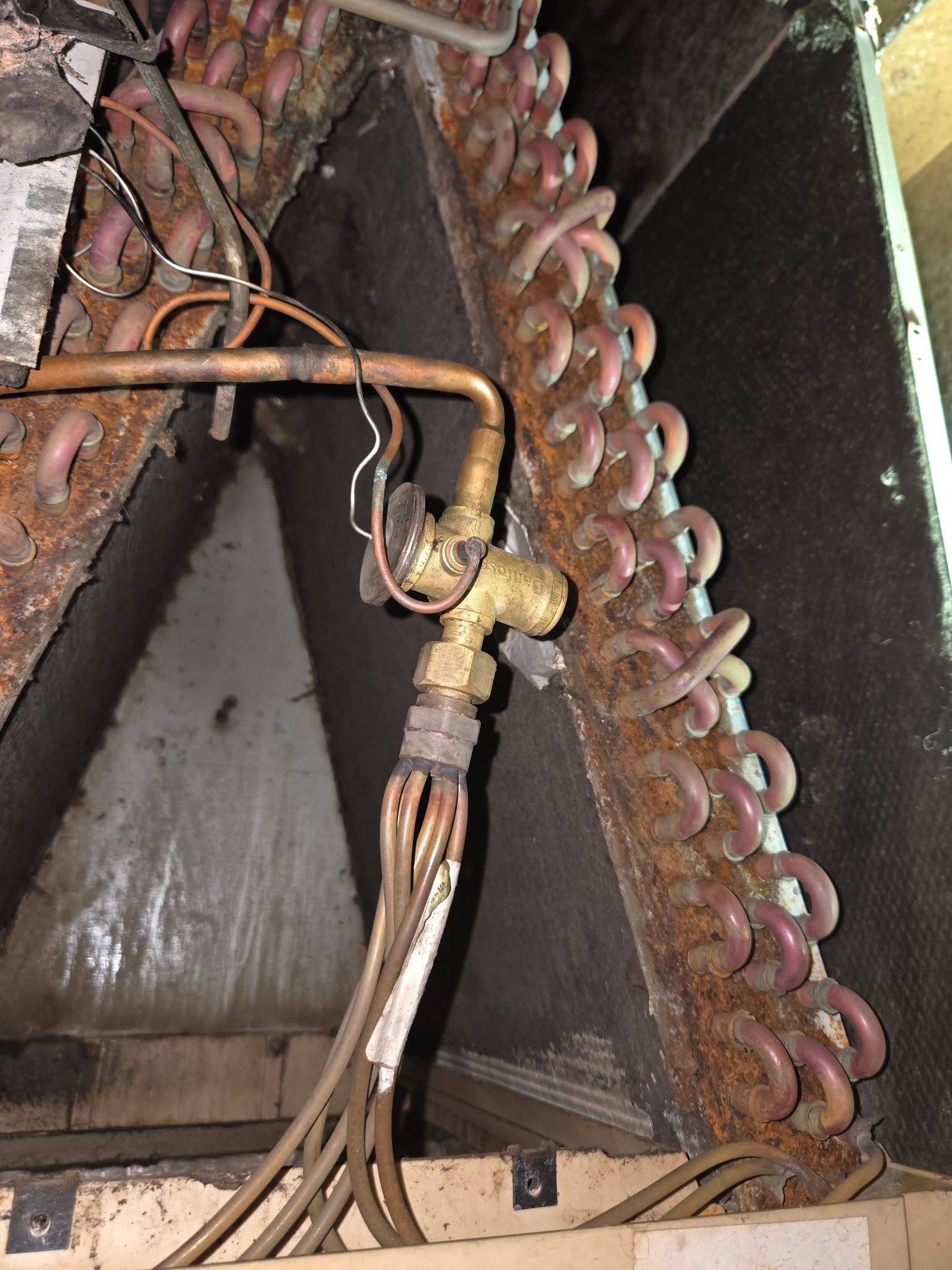 Rusty electrical wiring and pipes inside a narrow wall cavity, with a valve and bundled cables.