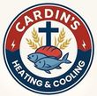 Cardin's Heating & Cooling logo with cross, fish, red hat, and laurel wreath on red and blue circle