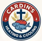 Cardin's Heating & Cooling logo with cross, fish, red hat, and laurel wreath on red and blue circle