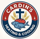 Cardin's Heating & Cooling logo with cross, fish, red hat, and laurel wreath on red and blue circle