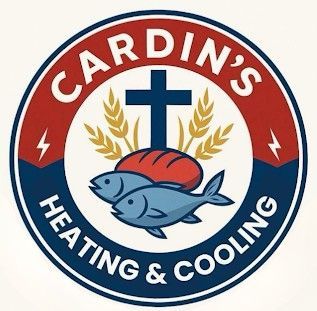 Cardin's Heating & Cooling logo with cross, fish, red hat, and laurel wreath on red and blue circle