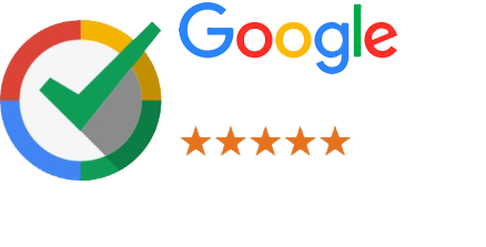 A google logo with a check mark in a circle and four stars.
